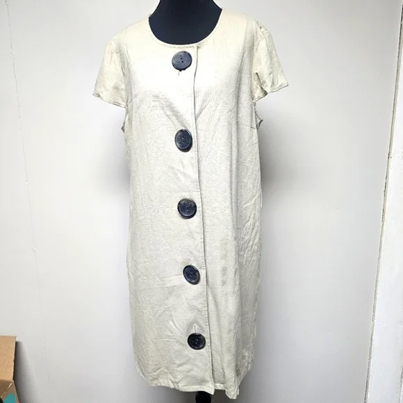 Tash & Sophie Linen Blend Lagenlook Dress Buttons Pockets Cap Sleeves Neutral - Picture 1 of 12